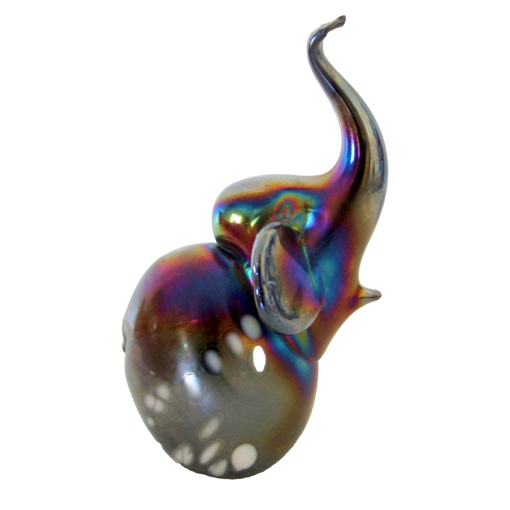 Penco Iridescent Art Glass Elephant Figure Trunk Up Vintage 4" Tall Oil Slick